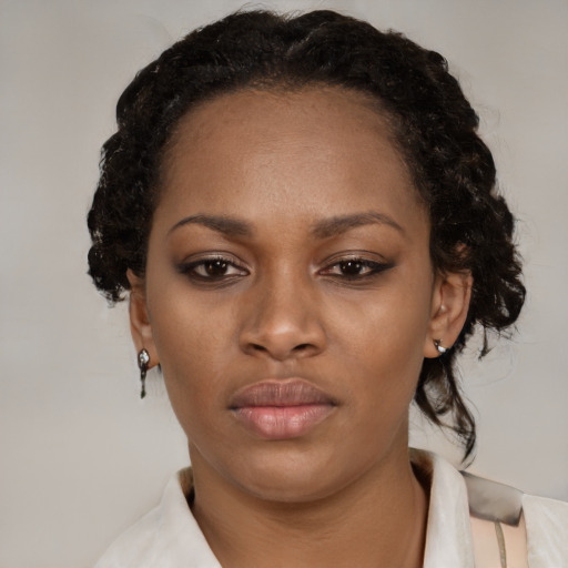 Neutral black young-adult female with medium  black hair and brown eyes
