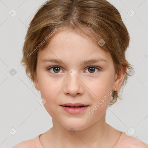 Joyful white child female with medium  brown hair and brown eyes