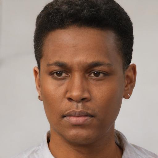 Neutral black young-adult male with short  black hair and brown eyes