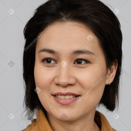 Joyful white young-adult female with medium  brown hair and brown eyes