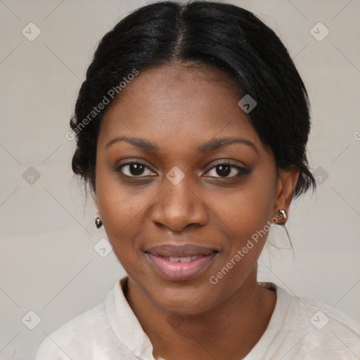 Joyful black young-adult female with medium  black hair and brown eyes