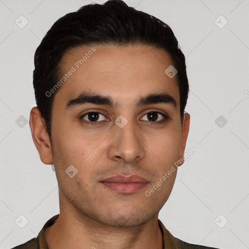 Neutral latino young-adult male with short  black hair and brown eyes