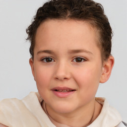 Joyful white child female with short  brown hair and brown eyes