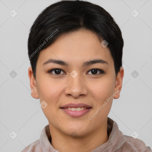 Joyful asian young-adult female with short  brown hair and brown eyes