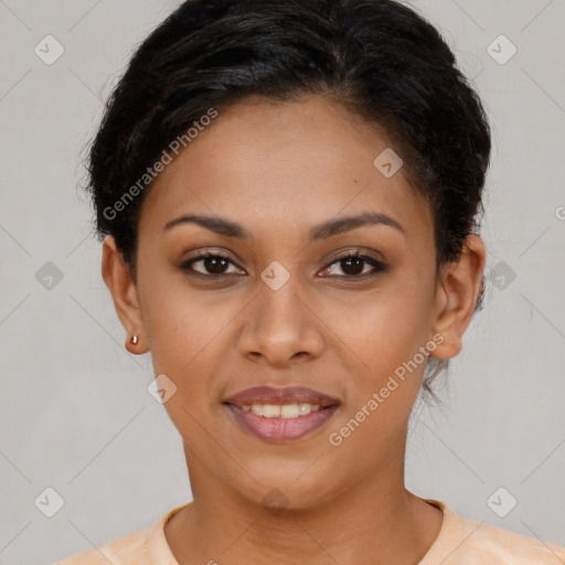 Joyful latino young-adult female with short  brown hair and brown eyes