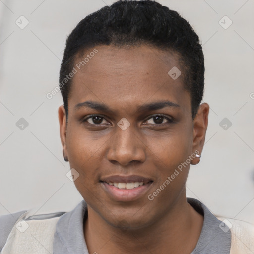 Joyful black young-adult male with short  black hair and brown eyes