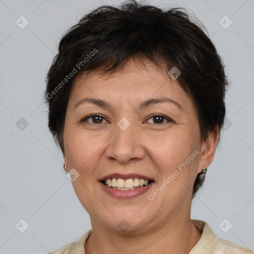 Joyful white adult female with short  brown hair and brown eyes