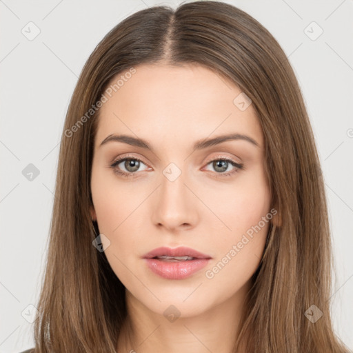 Neutral white young-adult female with long  brown hair and brown eyes