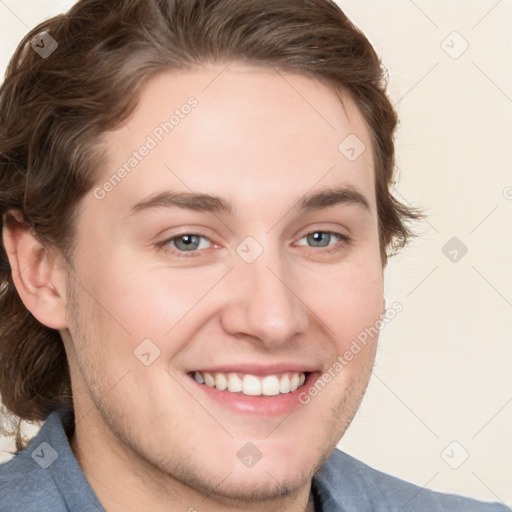 Joyful white young-adult male with medium  brown hair and brown eyes