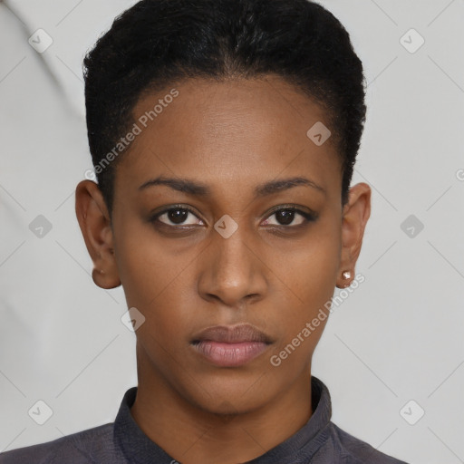 Neutral black young-adult female with short  black hair and brown eyes