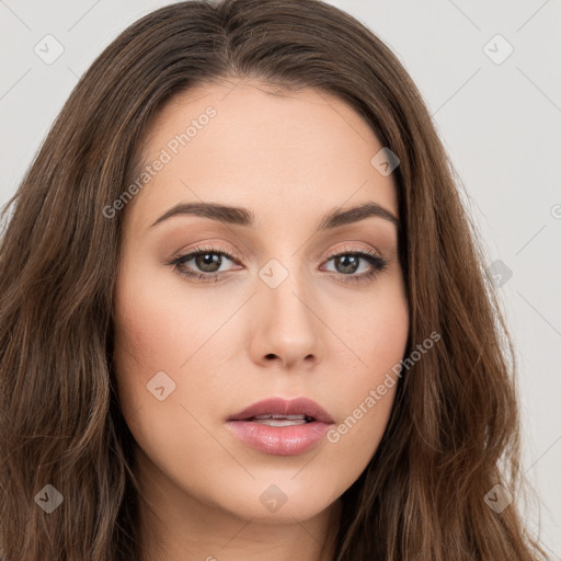 Neutral white young-adult female with long  brown hair and brown eyes