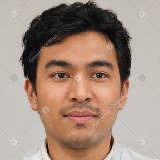 Neutral asian young-adult male with short  black hair and brown eyes