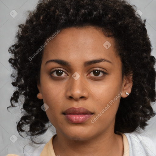 Neutral black young-adult female with medium  brown hair and brown eyes