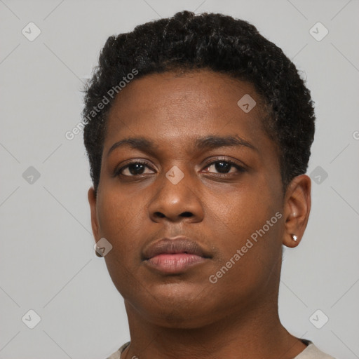 Neutral black young-adult female with short  brown hair and brown eyes