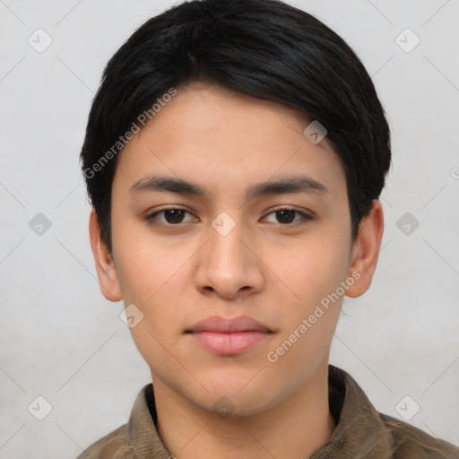 Neutral asian young-adult male with short  black hair and brown eyes