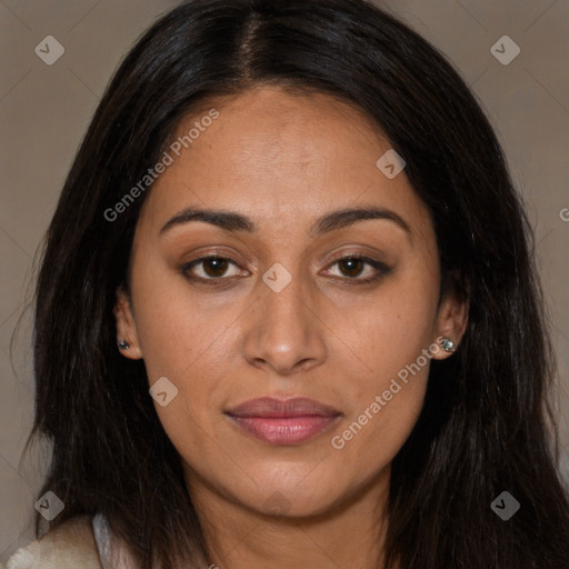 Joyful asian young-adult female with long  brown hair and brown eyes