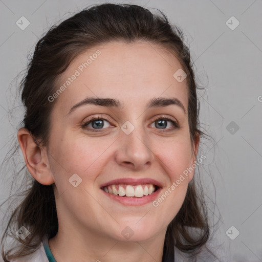 Joyful white young-adult female with medium  brown hair and blue eyes