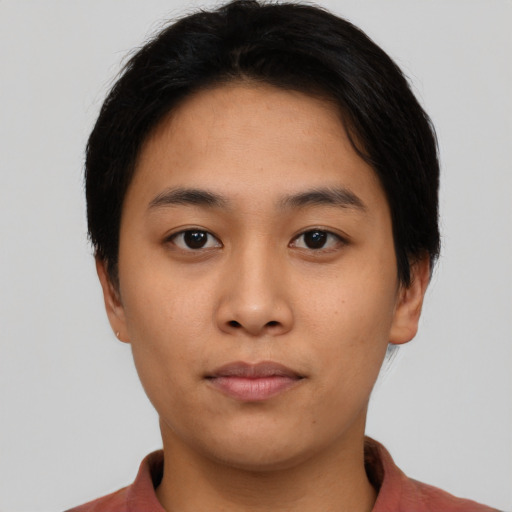 Neutral asian young-adult female with short  black hair and brown eyes