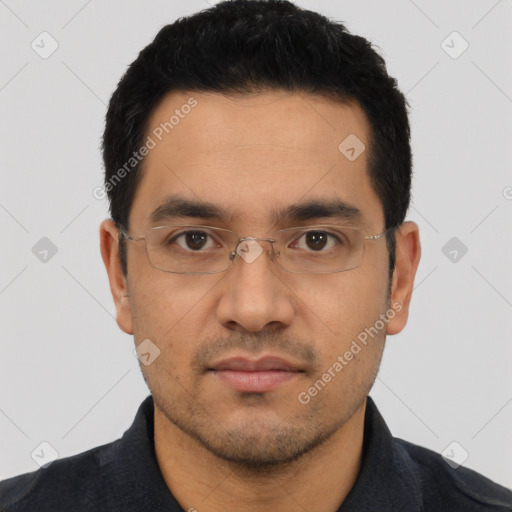 Neutral asian young-adult male with short  black hair and brown eyes