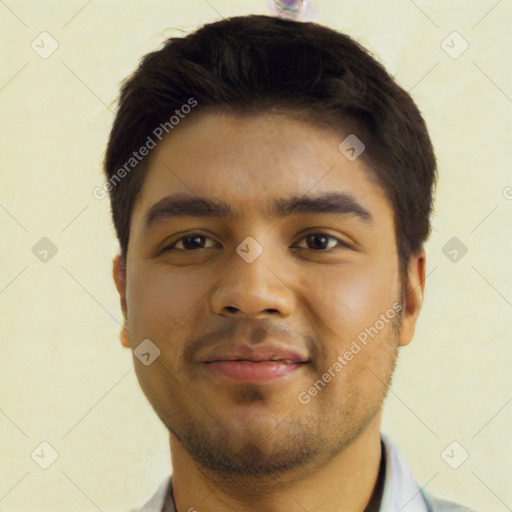 Neutral latino young-adult male with short  black hair and brown eyes