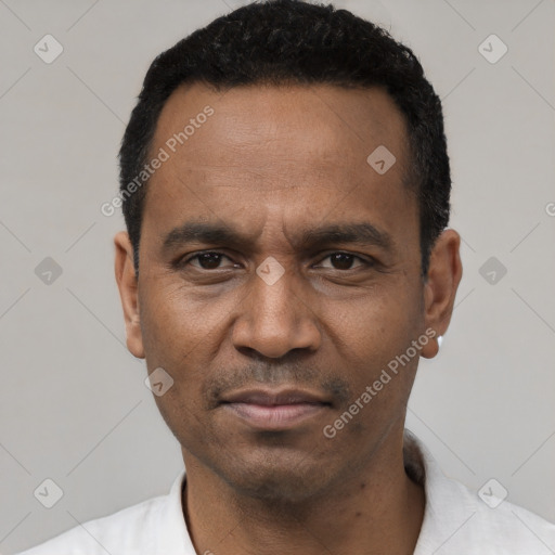 Neutral latino adult male with short  black hair and brown eyes