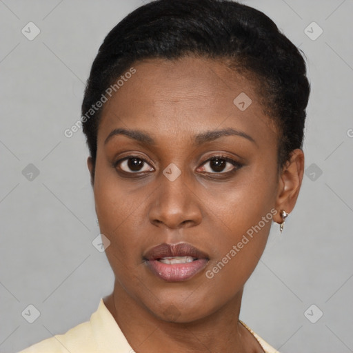 Neutral black young-adult female with short  black hair and brown eyes