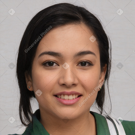 Joyful white young-adult female with medium  brown hair and brown eyes