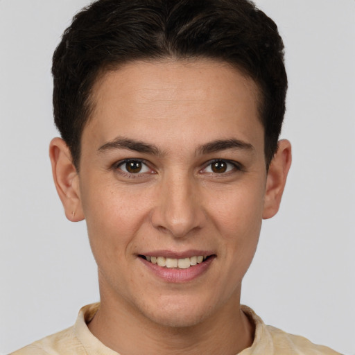 Joyful white young-adult female with short  brown hair and brown eyes