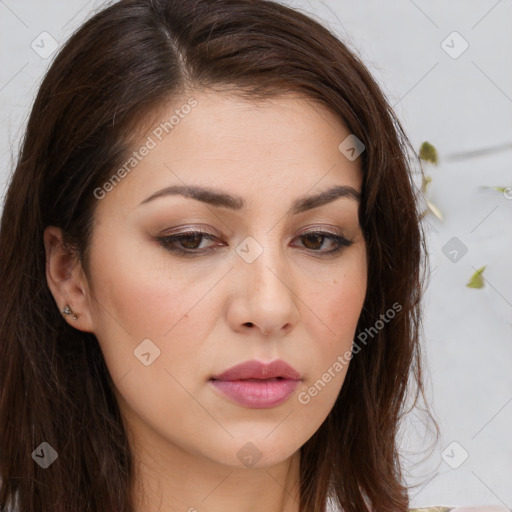 Neutral white young-adult female with long  brown hair and brown eyes