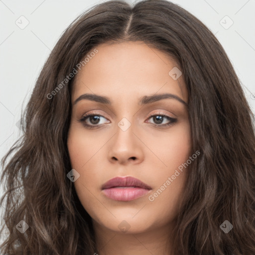 Neutral white young-adult female with long  brown hair and brown eyes