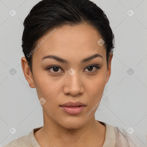 Neutral latino young-adult female with short  black hair and brown eyes