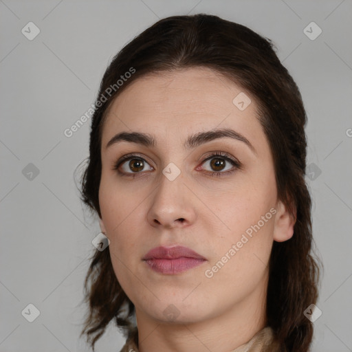 Neutral white young-adult female with medium  brown hair and brown eyes