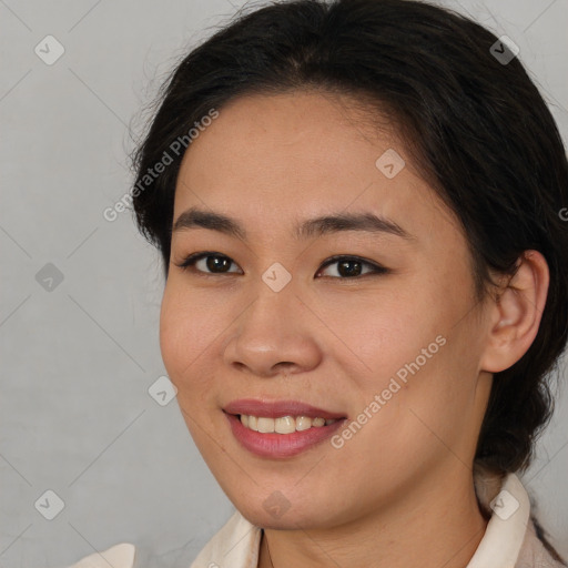 Joyful white young-adult female with medium  brown hair and brown eyes