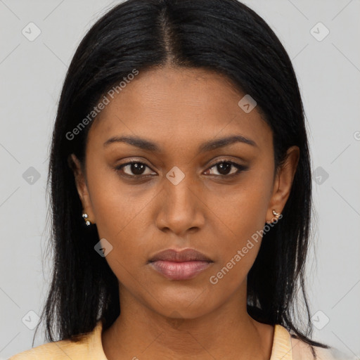 Neutral asian young-adult female with long  black hair and brown eyes