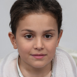 Joyful white child female with short  brown hair and brown eyes