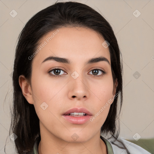 Neutral white young-adult female with medium  brown hair and brown eyes