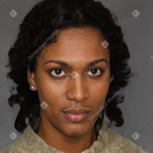 Neutral black young-adult female with medium  brown hair and brown eyes