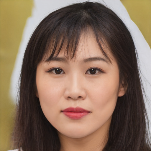 Neutral asian young-adult female with long  brown hair and brown eyes