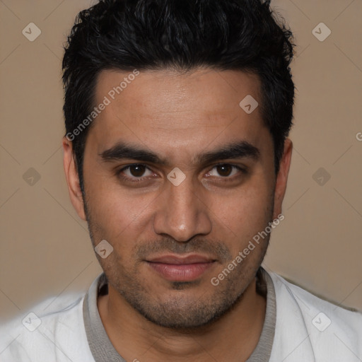 Joyful white young-adult male with short  black hair and brown eyes