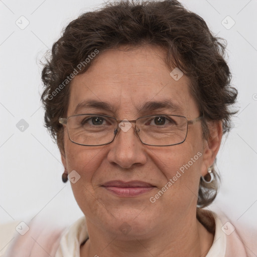 Joyful white middle-aged female with short  brown hair and brown eyes