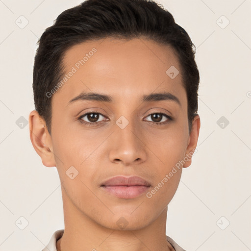 Neutral latino young-adult female with short  brown hair and brown eyes