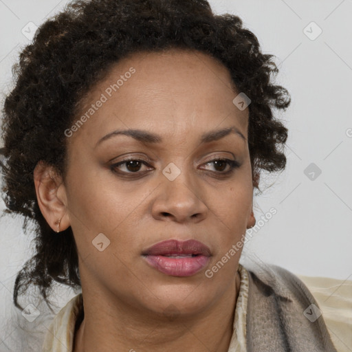 Joyful black adult female with short  brown hair and brown eyes