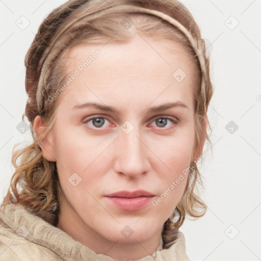 Neutral white young-adult female with medium  brown hair and blue eyes