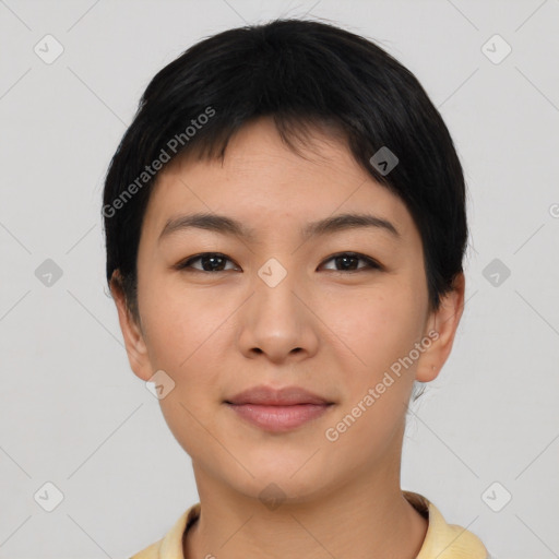 Neutral asian young-adult female with short  black hair and brown eyes