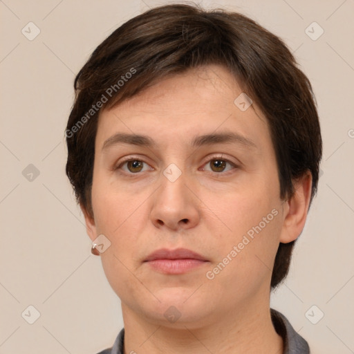 Neutral white young-adult female with short  brown hair and brown eyes