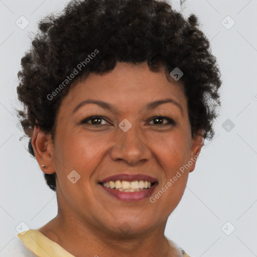 Joyful white adult female with short  brown hair and brown eyes