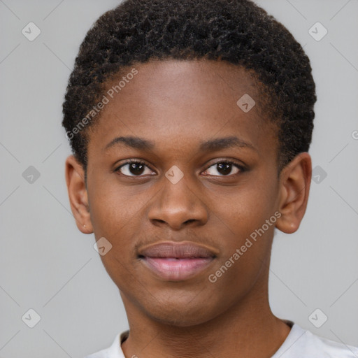 Joyful black young-adult male with short  brown hair and brown eyes