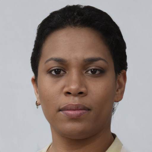Neutral black young-adult female with short  brown hair and brown eyes
