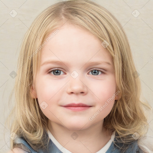 Neutral white child female with medium  brown hair and blue eyes