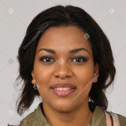 Joyful black young-adult female with medium  brown hair and brown eyes